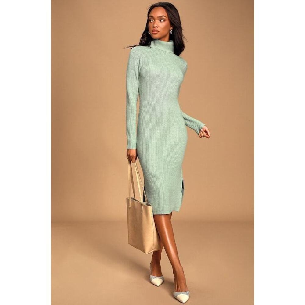 Lulus Sheerah Sage Green Turtleneck Midi Sweater Dress - Size M